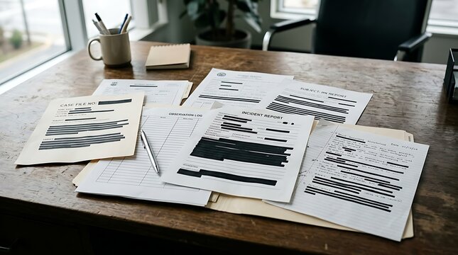 Redacted documents and incident reports on a wooden office desk