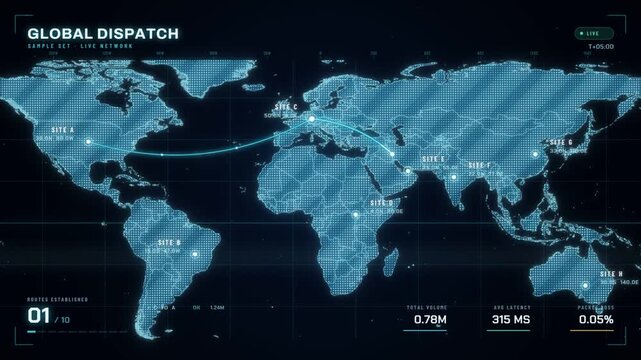 Global network map animation with glowing routes connecting nodes across continents
