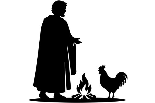 Apostle Peter Denying Jesus Beside Fireplace and Crowing Rooster, Peter Denial Luke 22 New Testament Biblical Vector Silhouette