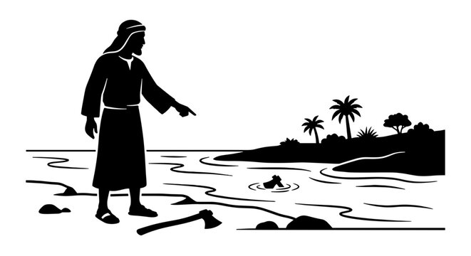 Prophet Elisha Makes Floating Axe Head Miracle, Iron Axe Floating on Jordan River Water, 2 Kings 6 Old Testament Biblical Vector Silhouette