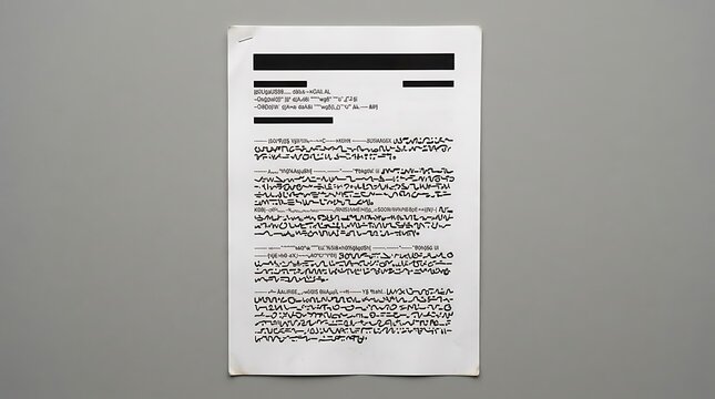 Redacted white paper document with black censored text lines, flat lay