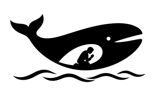 Prophet Jonah Praying Inside Great Fish Belly Above Sea Waves, Book of Jonah 2 Old Testament Biblical Vector Silhouette