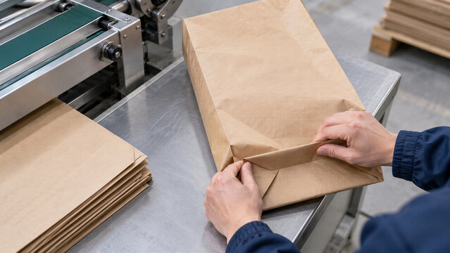 Worker folding brown paper bag on metal table at packaging factory. Hands making eco friendly craft paper packaging near production machine.