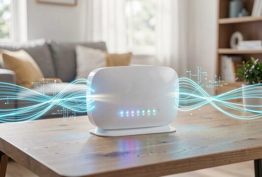 Modern Wireless Internet Router Emitting Data Signals in a Home Living Room