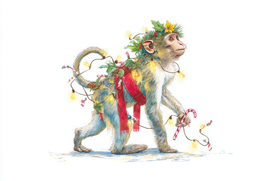 Festive monkey illustration with Christmas lights candy cane on white background. Charming illustration features a monkey adorned with holiday decorations, perfect for seasonal designs and greetings