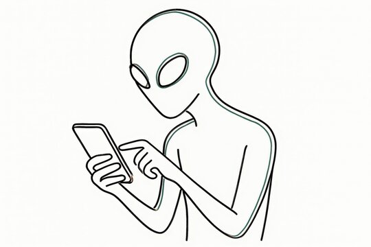 Minimalist line art illustration of extraterrestrial alien character using smartphone reflecting modern lifestyle connectivity