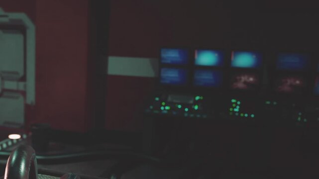 A person stands inside a control room filled with several screens. The screens have various digital displays and glowing lights. The setting appears to be dark, focusing on the technology.