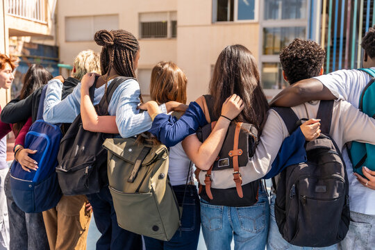 Diverse students walking together, embracing friendship and unity