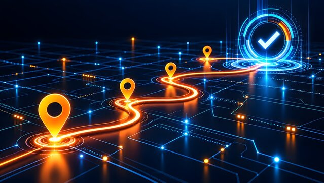 Glowing digital route connecting map pins ending at a final blue verification checkmark representing successful logistics tracking and network navigation