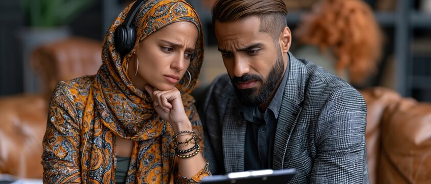 A concerned woman in a patterned hijab and headphones sits next to a bearded man in a blazer, both looking at a tablet against a.