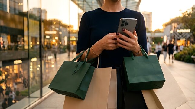 Woman holding shopping bags and using smartphone in outdoor luxury shopping mall at sunset
