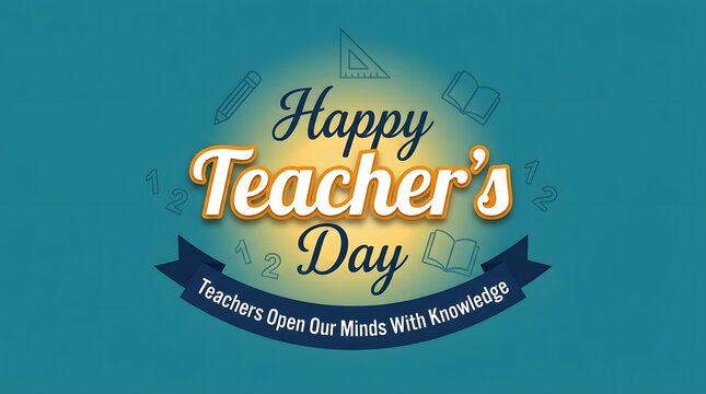 Teacher's Day greeting card features 3D text and a dark ribbon on a blue background.