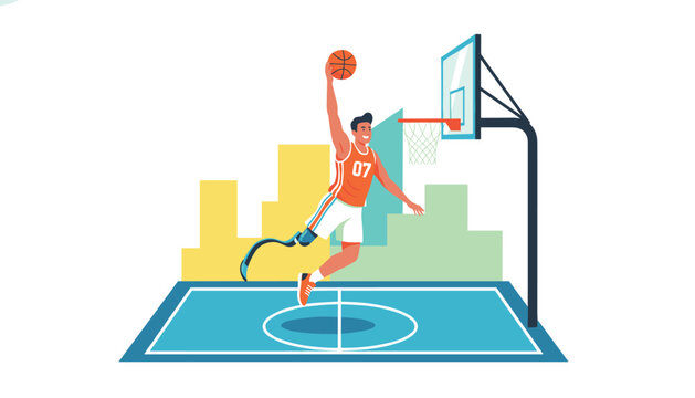 Active adaptive basketball player with a prosthetic leg jumping high to score a spectacular dunk on the court.