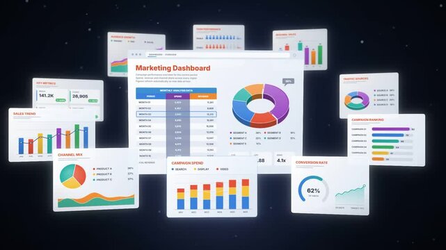 Marketing dashboard cards with donut chart and KPI tiles floating in dark space, seamless loop