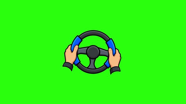 2D animated hands driving and turning a steering wheel on a green screen. Perfect for driving, transport, and car racing themes.
