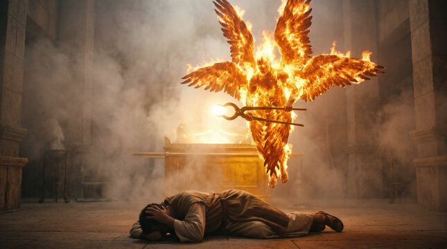 Isaiah 6, A towering Seraph using golden tongs to take a burning coal from the heavenly altar to touch Isaiah's lips.
