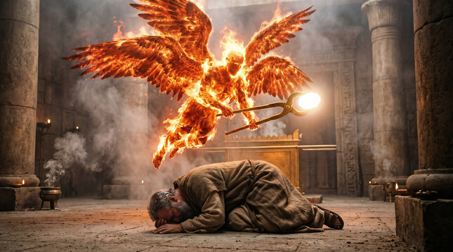 Isaiah 6, A towering Seraph using golden tongs to take a burning coal from the heavenly altar to touch Isaiah's lips.