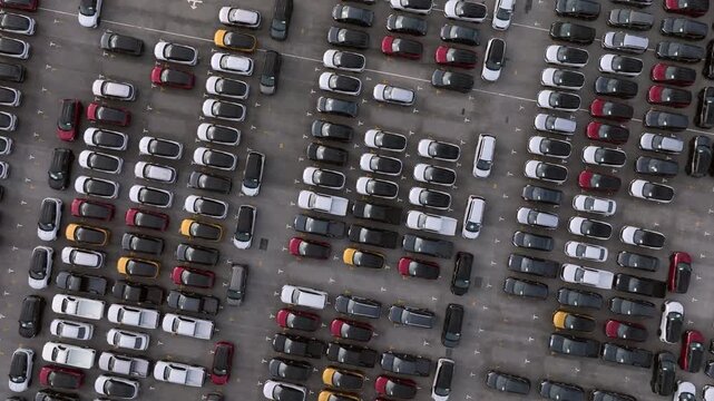 Aerial view new car lined up, Automobile automotive car parking lot commercial business industry, Port of import export business logistic dealership, New cars global business logistic import export.