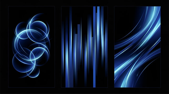 Set of three abstract blue backgrounds with glowing circles, vertical lines, and dynamic light waves for modern digital design