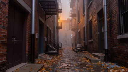 Fototapeta premium Halloween street alley with foggy brick buildings and autumn leaves