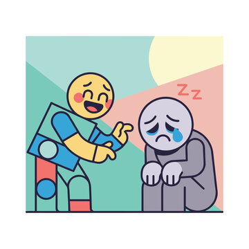 Friendly medical robot comforting a sad and crying person to show modern artificial intelligence empathy and care.