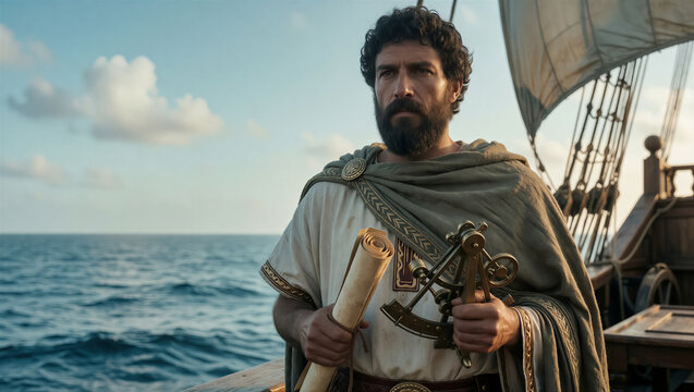 An ancient Greek explorer stands on a wooden ship deck holding a scroll and astrolabe. He navigates the open blue sea under a clear sky