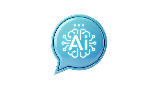 Artificial intelligence icon in blue speech bubble, AI brain circuit symbol for chatbot and machine learning, digital assistant logo