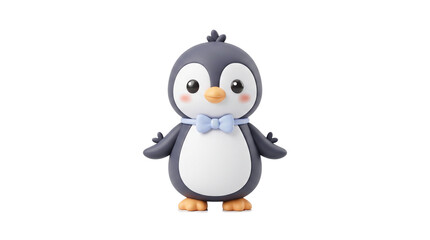 Fototapeta premium Adorable 3D penguin character with blue bowtie. Cute baby penguin toy figurine on white background. Sweet nursery animal illustration.
