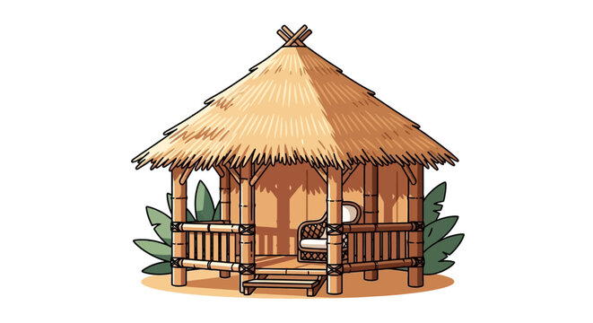 Tropical hut with thatched roof.
