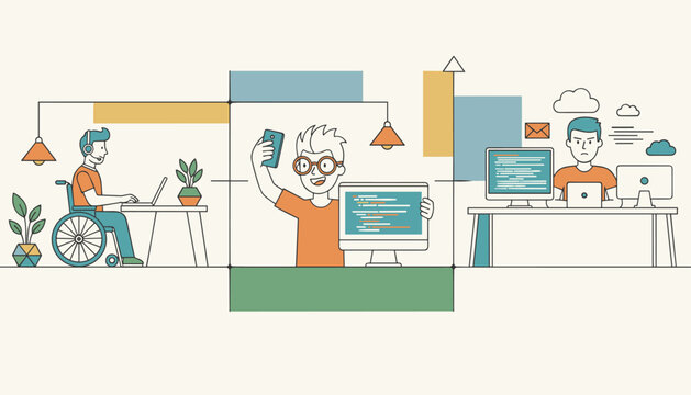Three diverse programmers working on software coding including a disabled developer and an angry coder in an office.