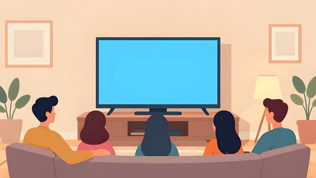 Family sitting on couch watching blank blue screen smart tv in cozy living room interior flat vector illustration