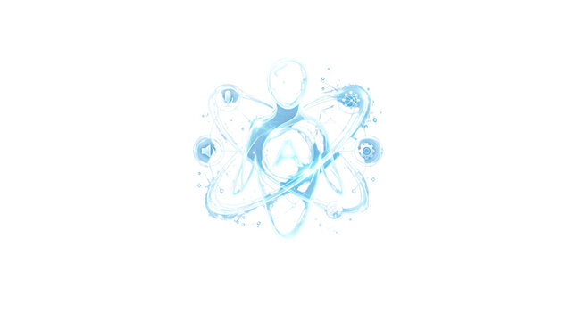 Glowing blue atom symbol with human silhouette, scientific energy concept on white background, futuristic physics icon