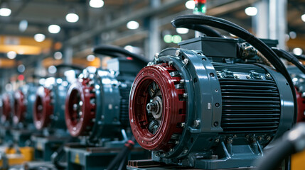 Fototapeta premium Industrial electric motors lined up in a bright factory warehouse with sharp focus. Ideal for heavy machinery and manufacturing concepts.
