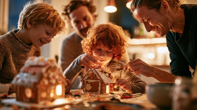 Family decorating a gingerbread house competition, two different houses on the table, concentrated faces, fun holiday activity