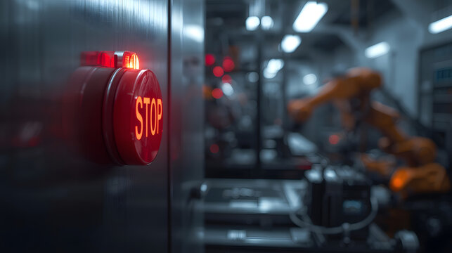 Emergency Stop Button in Factory: A close-up of a bright red emergency stop button with the word STOP illuminated.