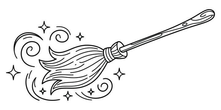 A black and white line art illustration of a magical flying witch broomstick with sparkling stars and swirling wind effects for halloween illustration