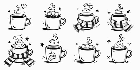 Fototapeta premium Hand drawn mugs with steaming beverages and winter accessories black ink