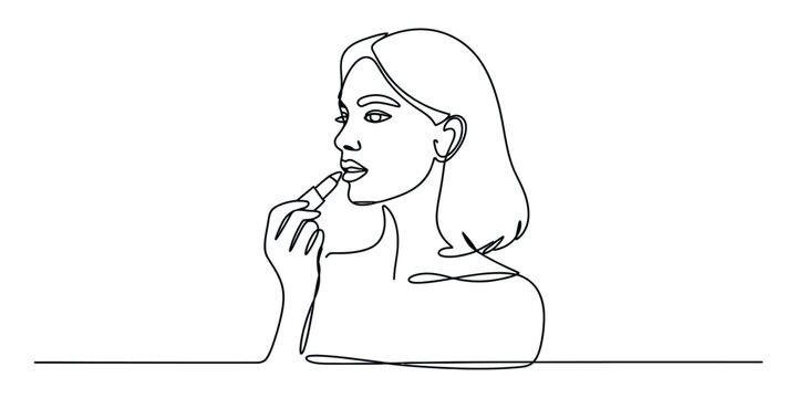 Continuous single line drawing of a beautiful young woman applying lipstick to her lips for a makeup beauty and fashion concept art style illustration