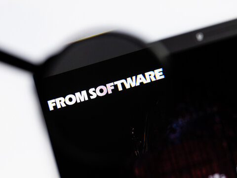 Milan, Italy 2026, 15 AGO Closeup of FromSoftware website page on a laptop screen. Focus on FromSoftware logo under a magnifying glass.