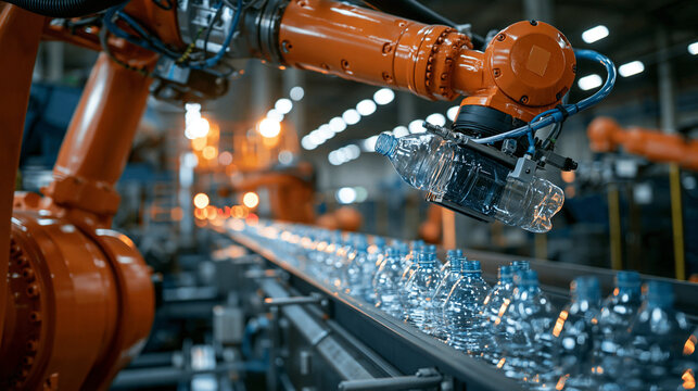 Industrial robotic arm sorting plastic bottles on a modern factory conveyor line. Perfect concept for manufacturing and recycling technology presentations.