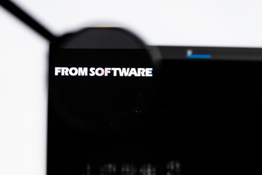 Milan, Italy 2026, 15 AGO Closeup of FromSoftware website page on a laptop screen. Focus on FromSoftware logo under a magnifying glass.