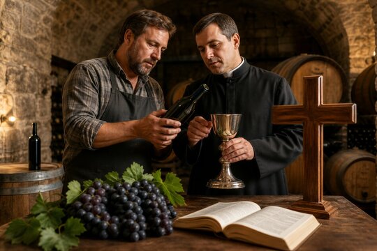Priest and winemaker choosing communion wine in monastery cellar with wooden cross, chalice and bible on table with grapes.