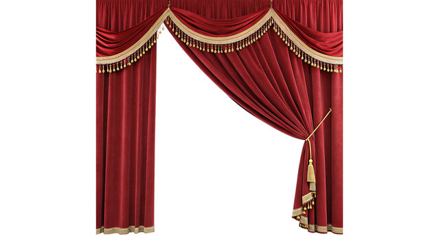 Luxury red velvet theater curtains with golden tassels trim isolated on transparent background