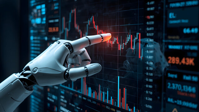 Robotic hand analyzing financial data on digital screen, AI robot finger pointing at stock market charts, futuristic artificial intelligence trading