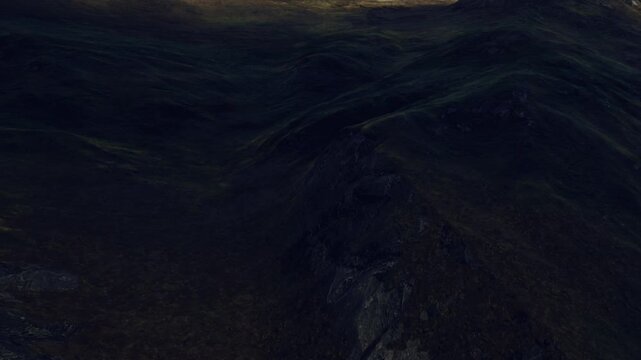 The scene shows a rugged landscape of hills in twilight. Shadows cover the area while some light illuminates parts of the terrain. The colors are dark and muted, creating a stark beauty.