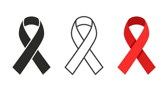 Awareness ribbon set featuring black, outline, and 3D red ribbons isolated on white background