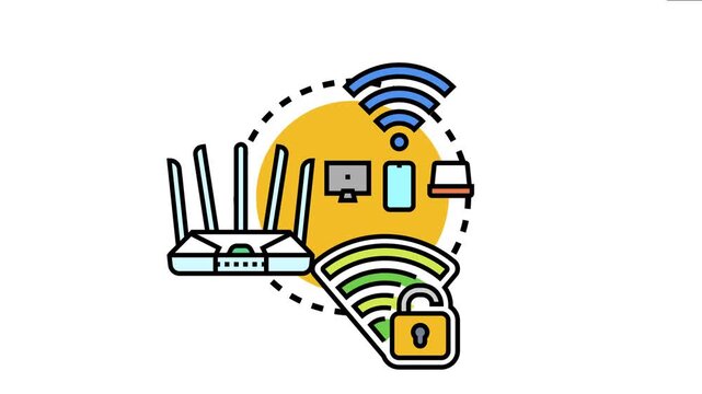 Network hardware identifier concept shows local area network infrastructure connecting devices like computers. Smartphones. And laptops through a secure wireless router. Symbolizing modern data access