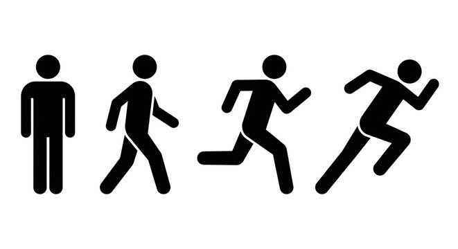 Human motion sequence icon set showing standing, walking, jogging, and sprinting stick figures