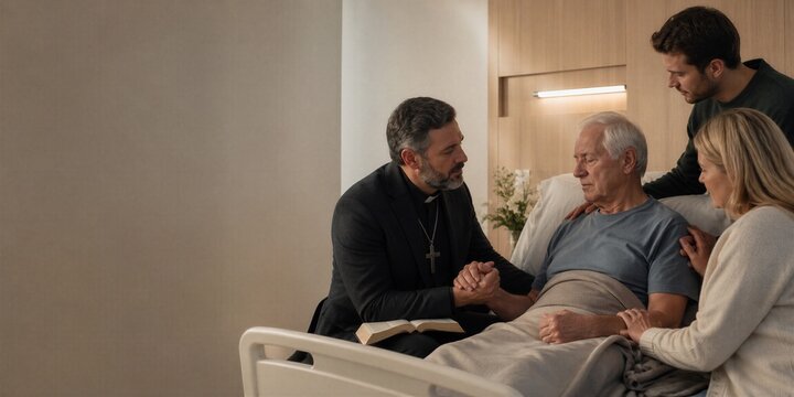 Priest holding hands of elderly man in hospital bed during prayer with bible. Hospice chaplain comforting sick senior with family support.