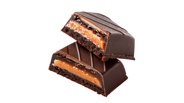 Two broken pieces of chocolate candy bar with caramel filling isolated on transparent background